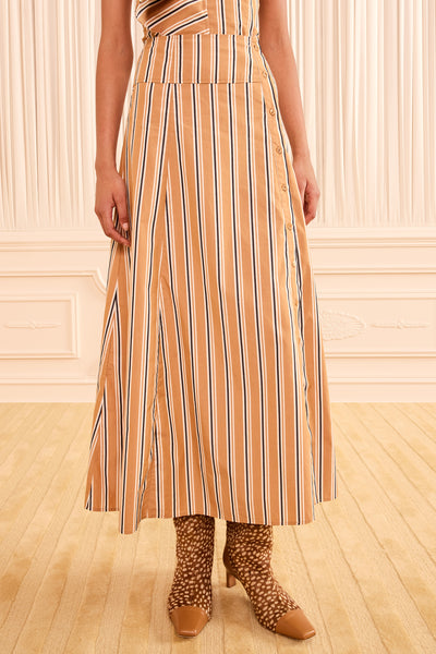 Fawn Stripe Cotton Poplin Midi Skirt - Front Close-Up on Model | Ulla Johnson