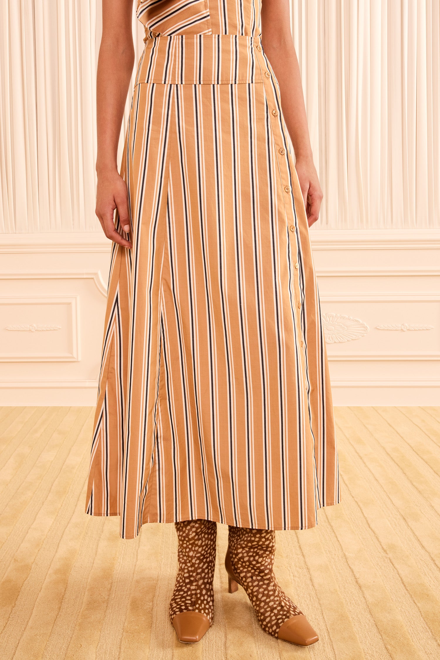 Ulla Johnson Fawn Stripe Cotton Poplin Midi Skirt - Front Close-Up on Model | Ulla Johnson