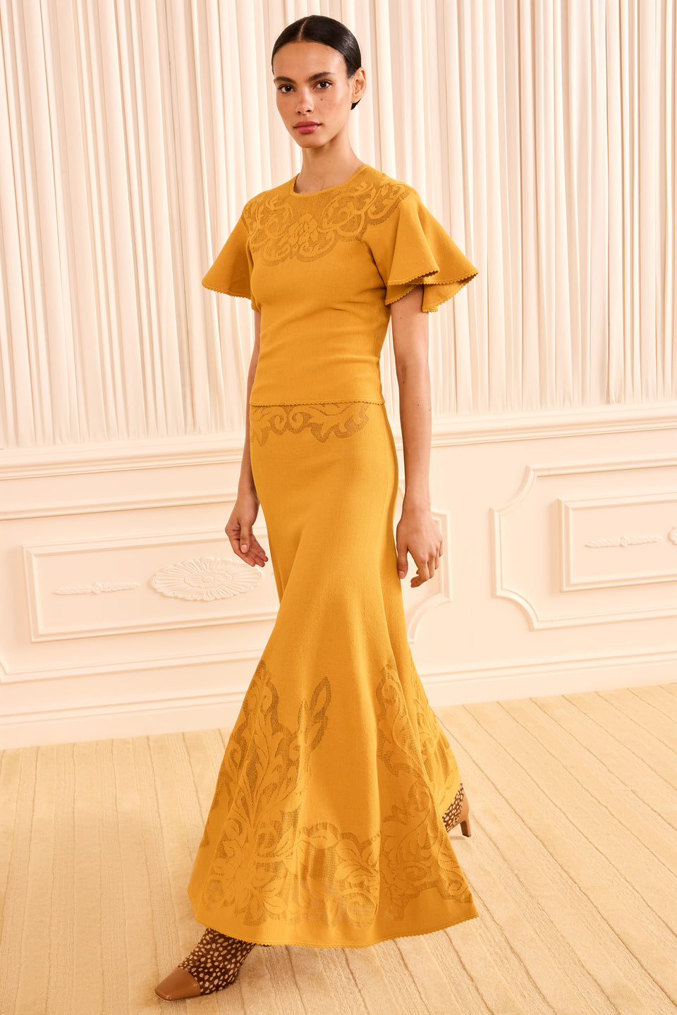 Topaz Luxury Knit Midi Skirt - Three-Quarter View, Fluid Flared Hem | Ulla Johnson