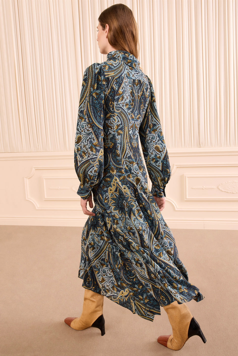 Prussian Paisley Silk Crepe de Chine Dress - Back View on Model | Ulla Johnson