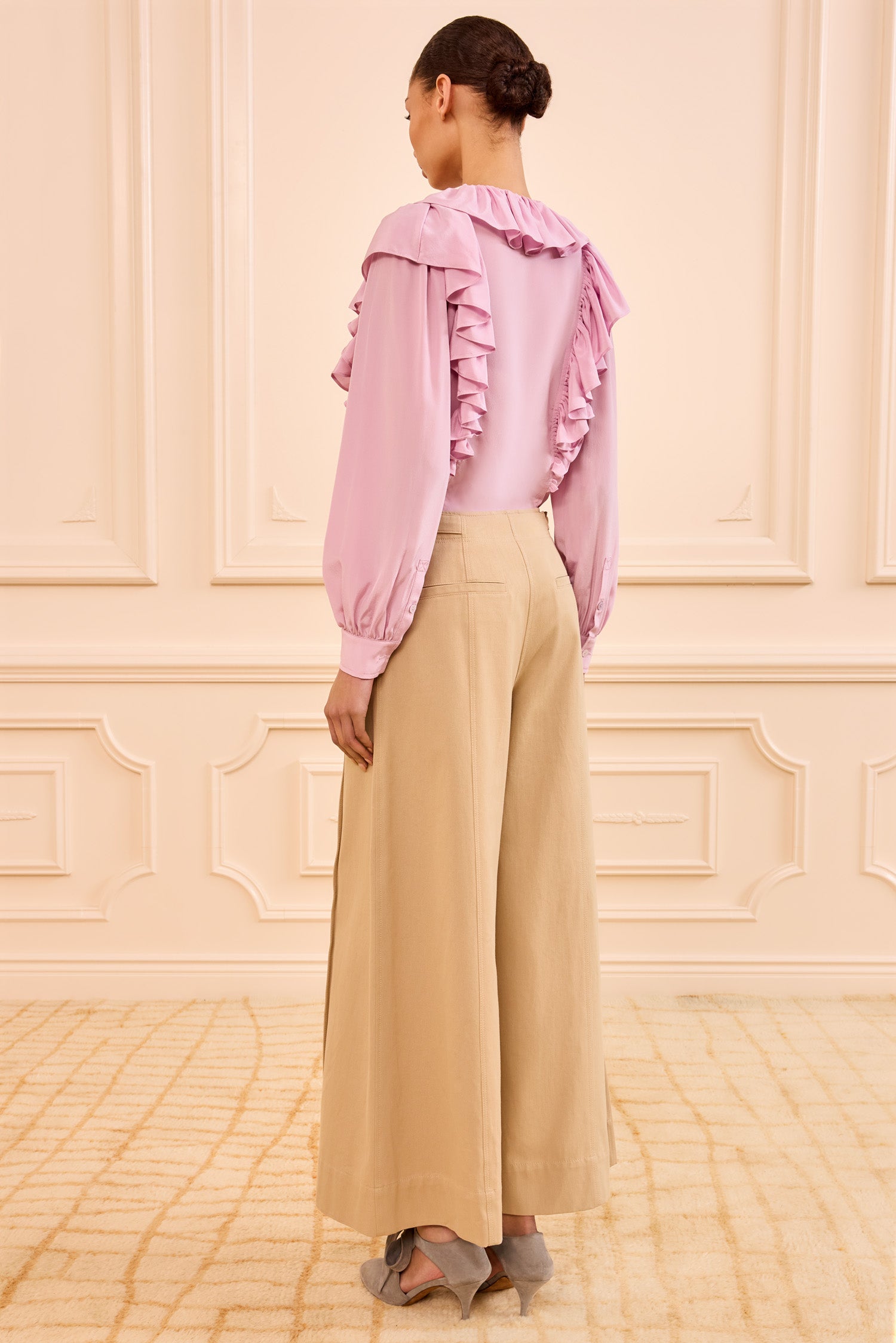 Ulla Johnson Sahara Khaki Luxury Wide Leg Cropped Trouser - Back View On Model | Ulla Johnson