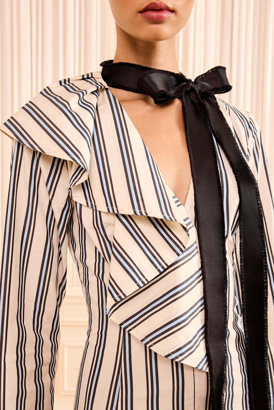 Ecru Stripe Cotton Poplin Dress - Ruffled Neckline and Removable Tie Close-Up | Ulla Johnson