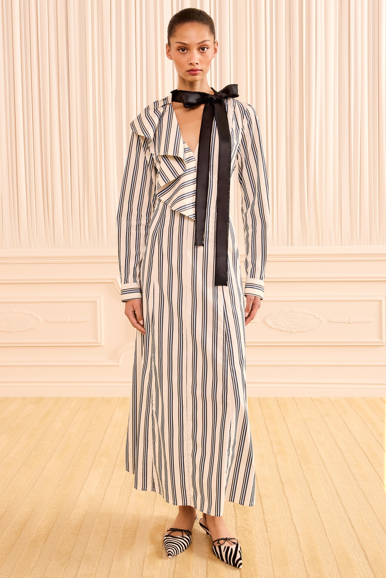 Ulla Johnson Ecru Stripe Luxury Cotton Maxi Dress - Front View with Black Ribbon Tie | Ulla Johnson