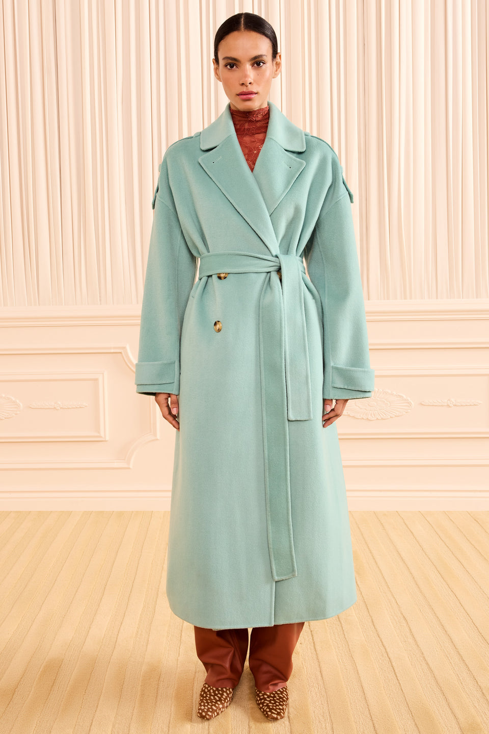 Juniper Wool Cashmere Trench Coat - Full Front On Model, Belted | Ulla Johnson