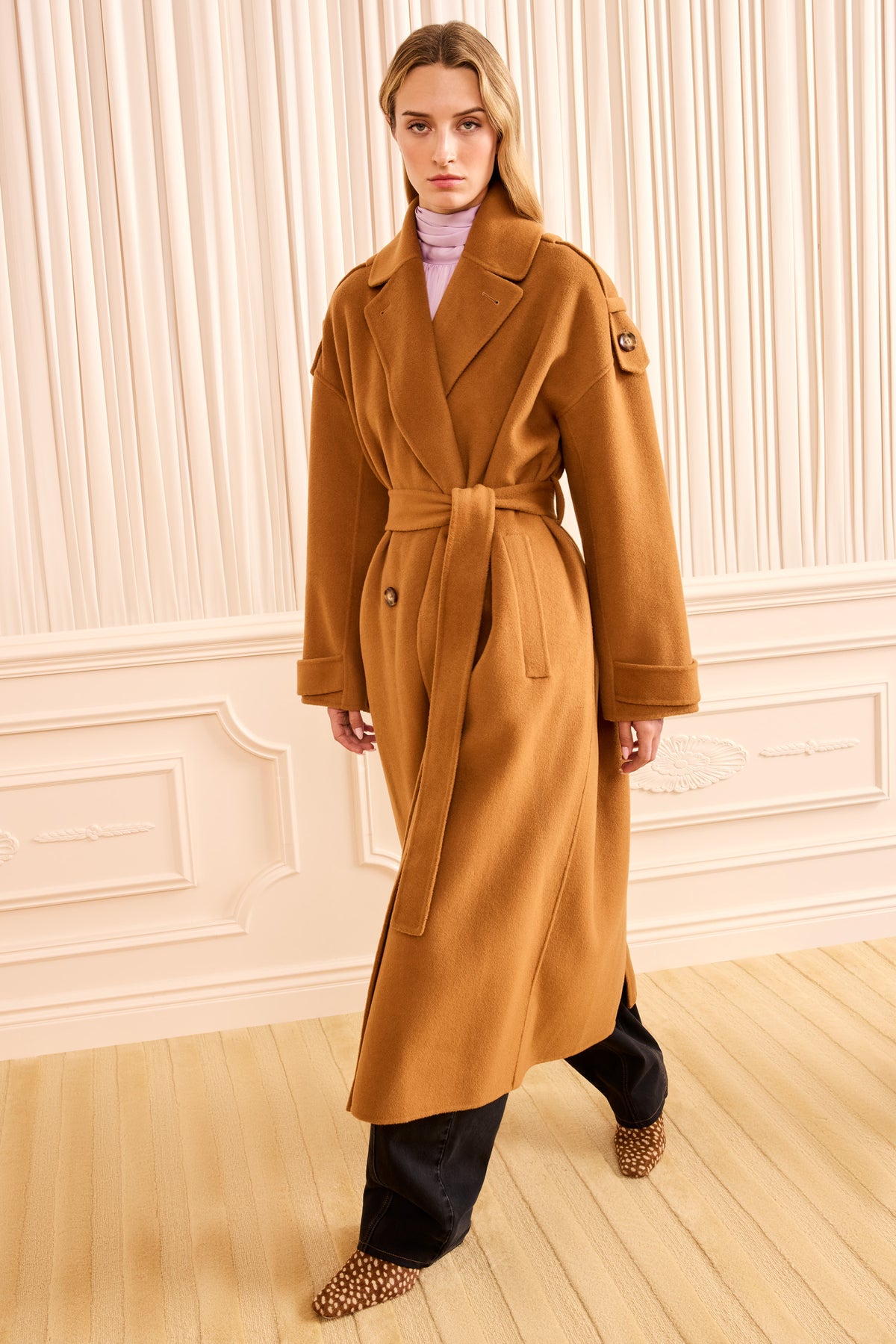 Sandstone Wool Cashmere Belted Trench Coat - Front View, On Model | Ulla Johnson