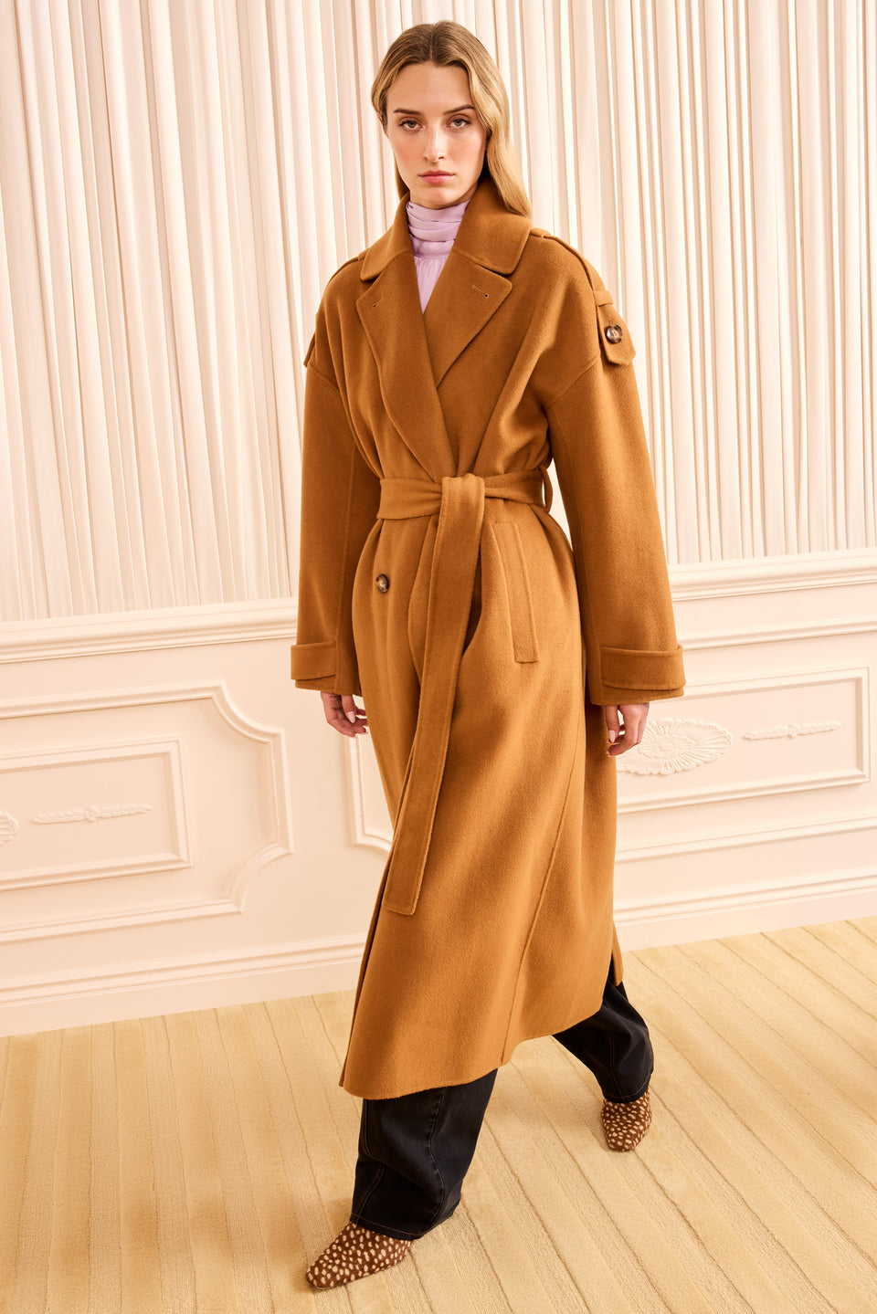 Sandstone Wool Cashmere Belted Trench Coat - Front View, On Model | Ulla Johnson