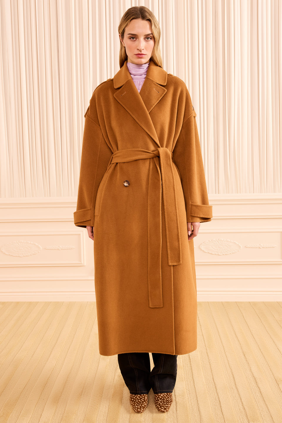 Sandstone Wool Cashmere Belted Trench Coat - Back View, Epaulet Detail | Ulla Johnson