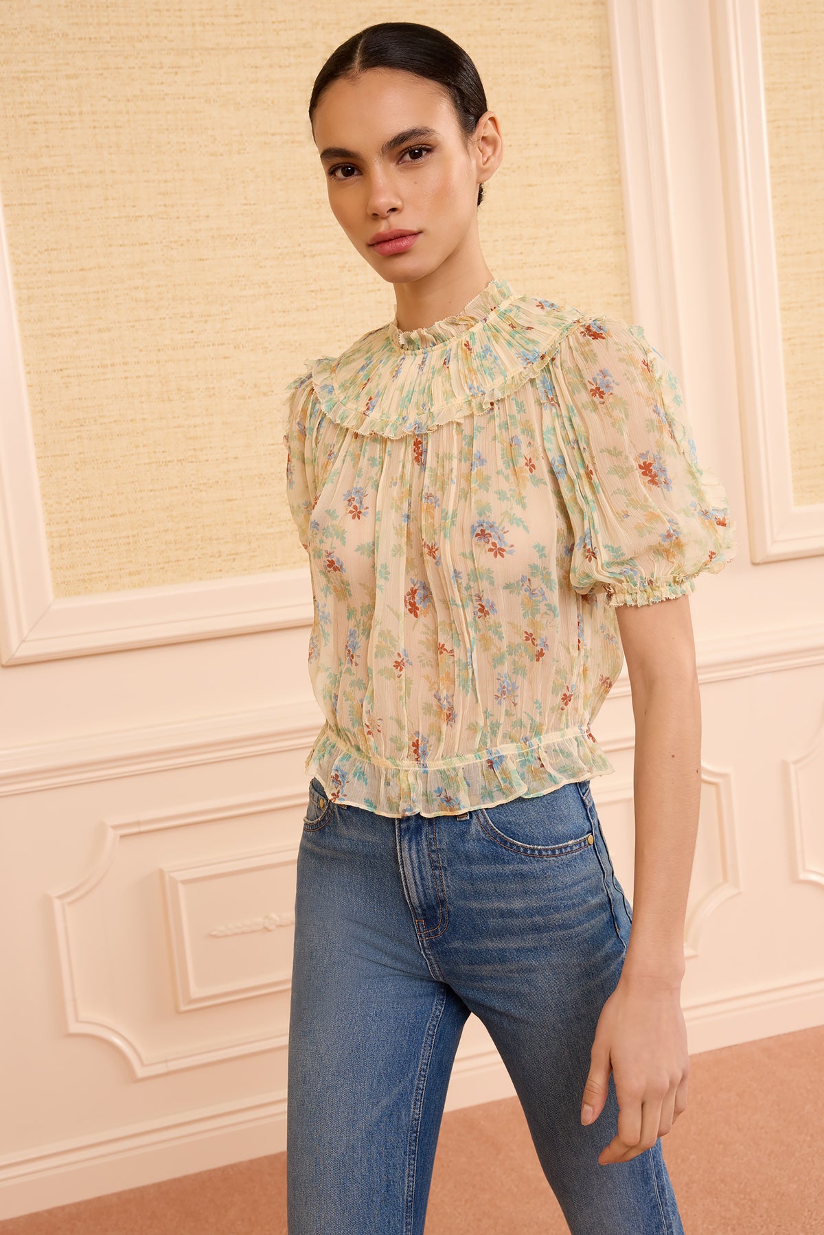 Moon Petal Floral Silk Chiffon Blouse - Front View On Model | Ulla Johnson