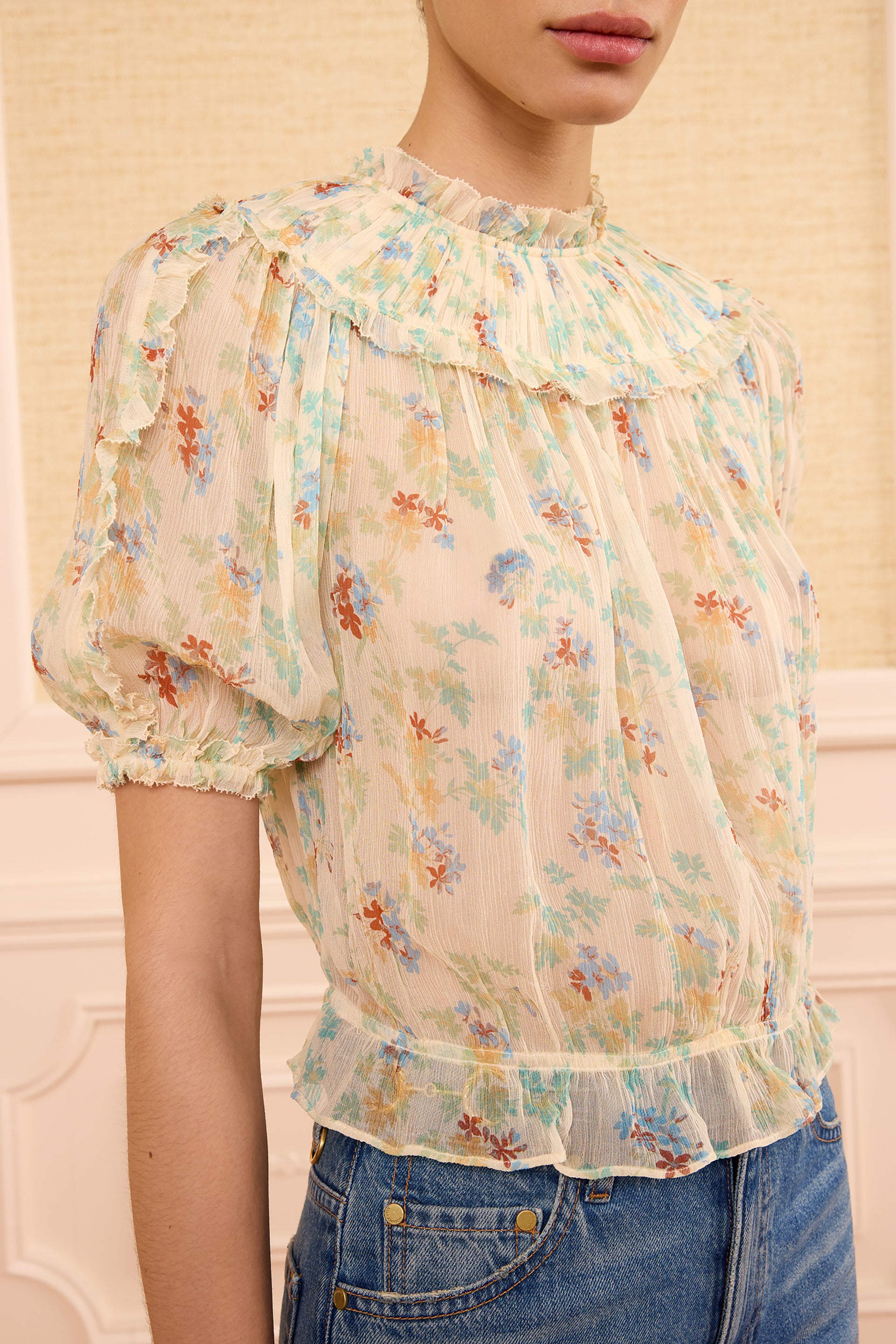 Ulla Johnson Solenne Silk Top Moon Petal - Ruffle Neckline & Puff Sleeve Detail | Ulla Johnson