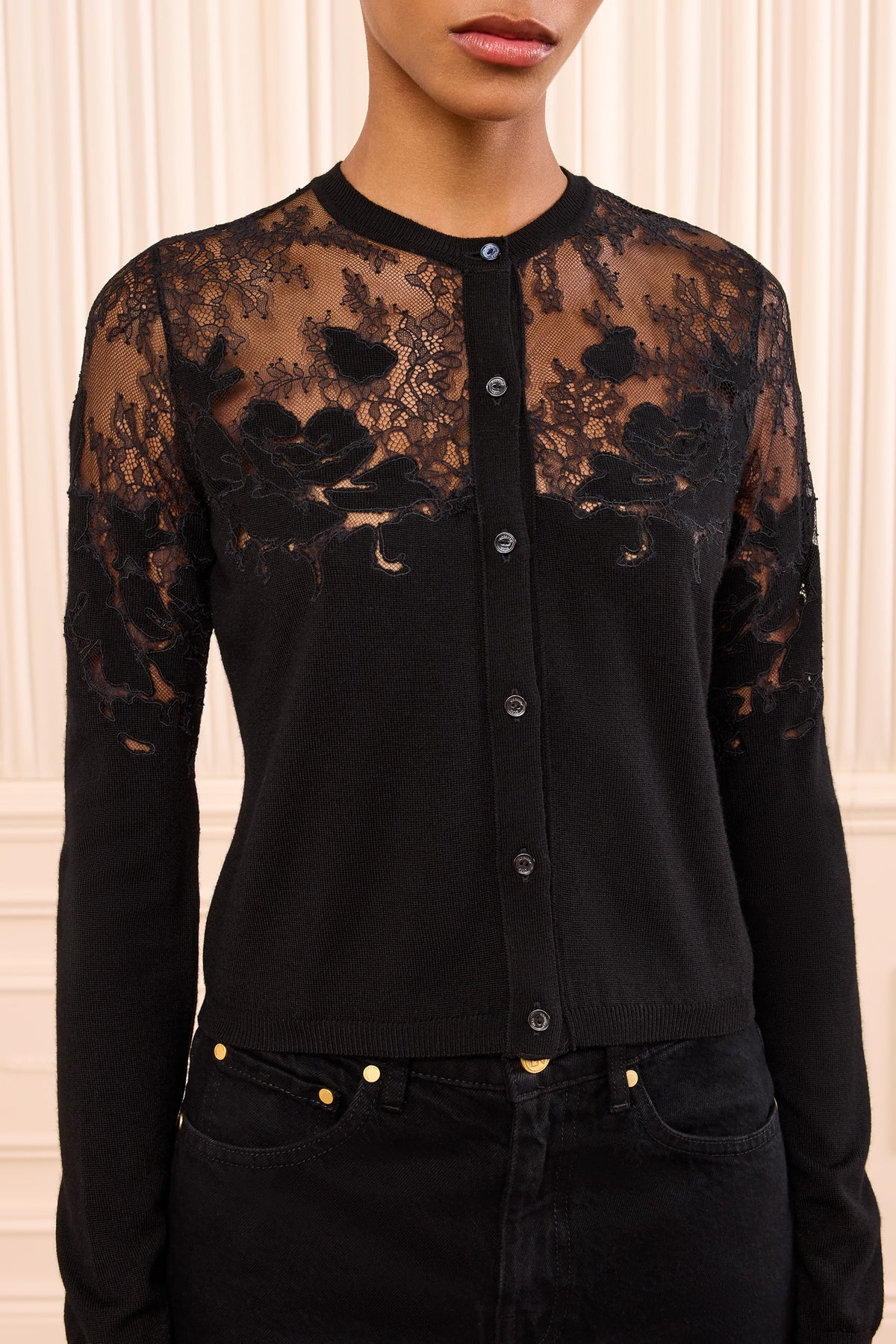 Noir Talia Lace Cardigan Chantilly Lace Bodice Detail - Close-Up Front | Ulla Johnson
