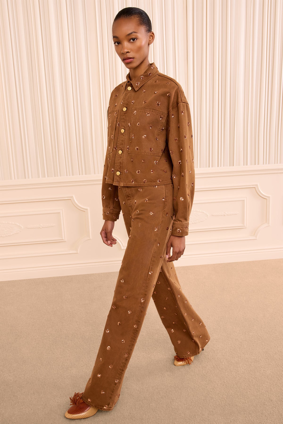 Bobbi Embellished Umber Denim Jacket with Matching Set - Full Length Side View | Ulla Johnson