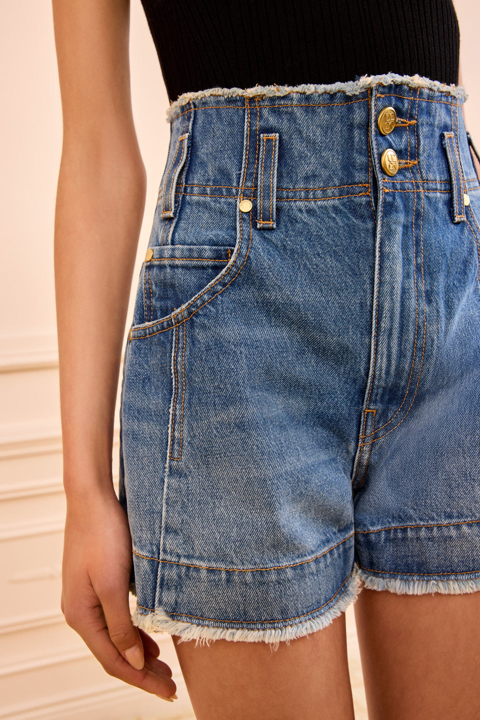 Danube Denim Charlotte Short - Close-Up, Gold Button & Pocket Hardware Detail | Ulla Johnson