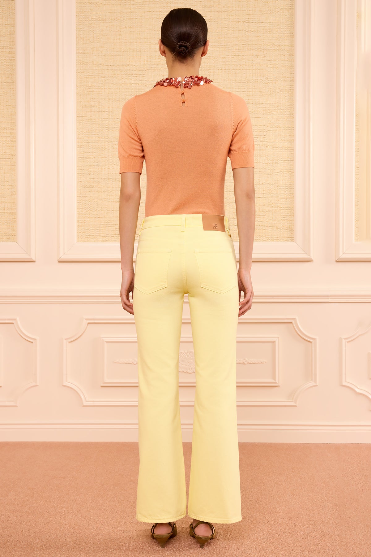 Chantilly Yellow Kick Flare Jean - Full Back View On Model | Ulla Johnson