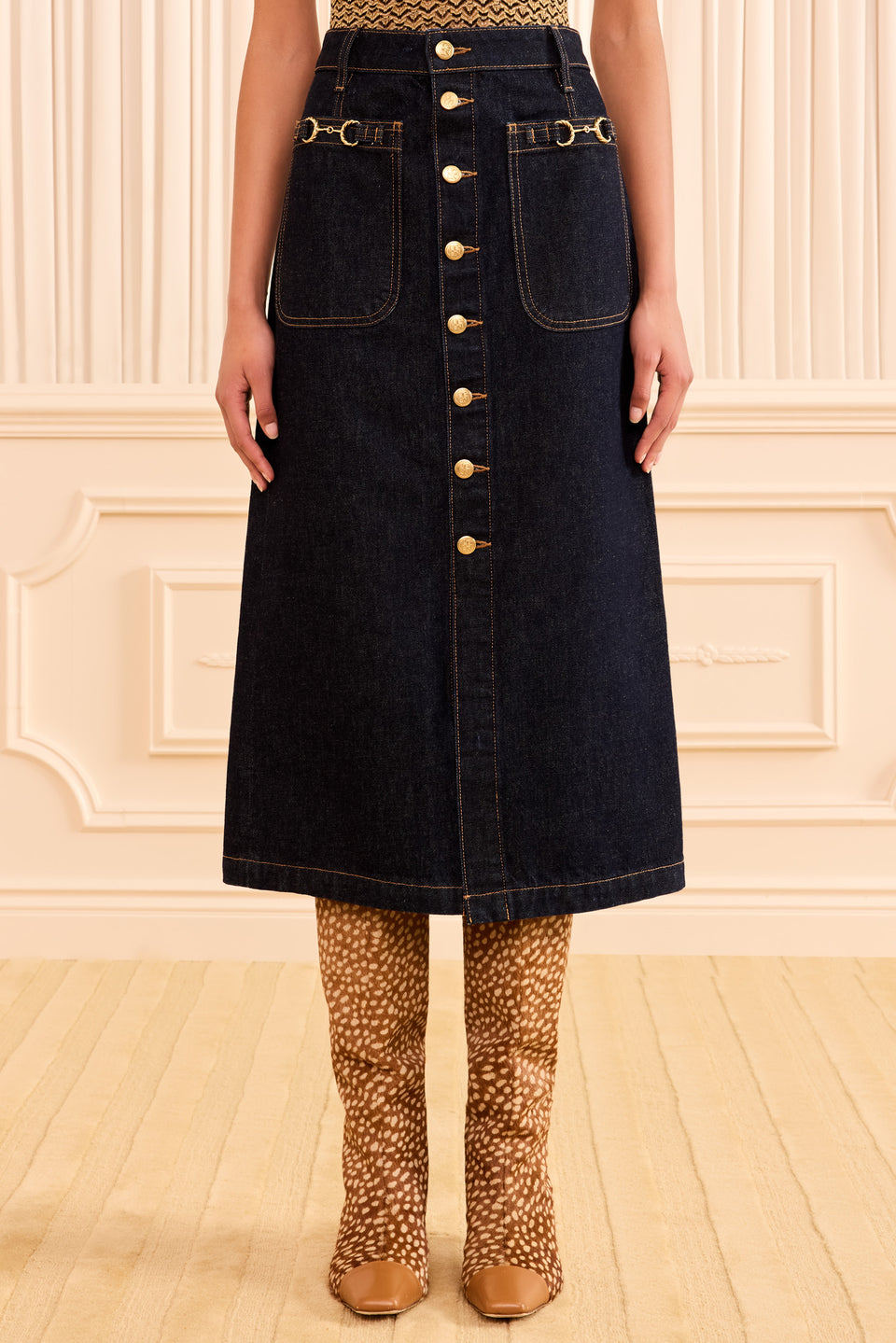 Tigris Dark Indigo Designer Denim Skirt - On Model Front View, Gold Hardware Detail | Ulla Johnson
