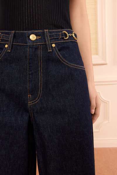 Tigris Denim Culotte - Waistband Close-Up, Gold Horsebit Hardware & Logo Button | Ulla Johnson