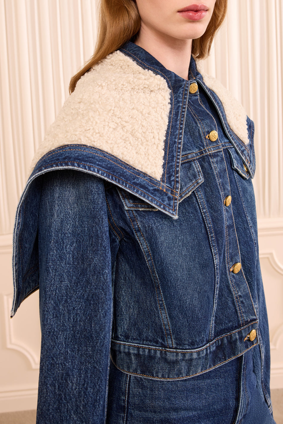 Nile Blue Denim Jacket Fleece Hood Collar and Gold Button Detail - Close-Up | Ulla Johnson