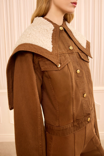 Umber Handcrafted Denim Jacket Fleece Collar and Gold Button Detail - Side Close-Up | Ulla Johnson