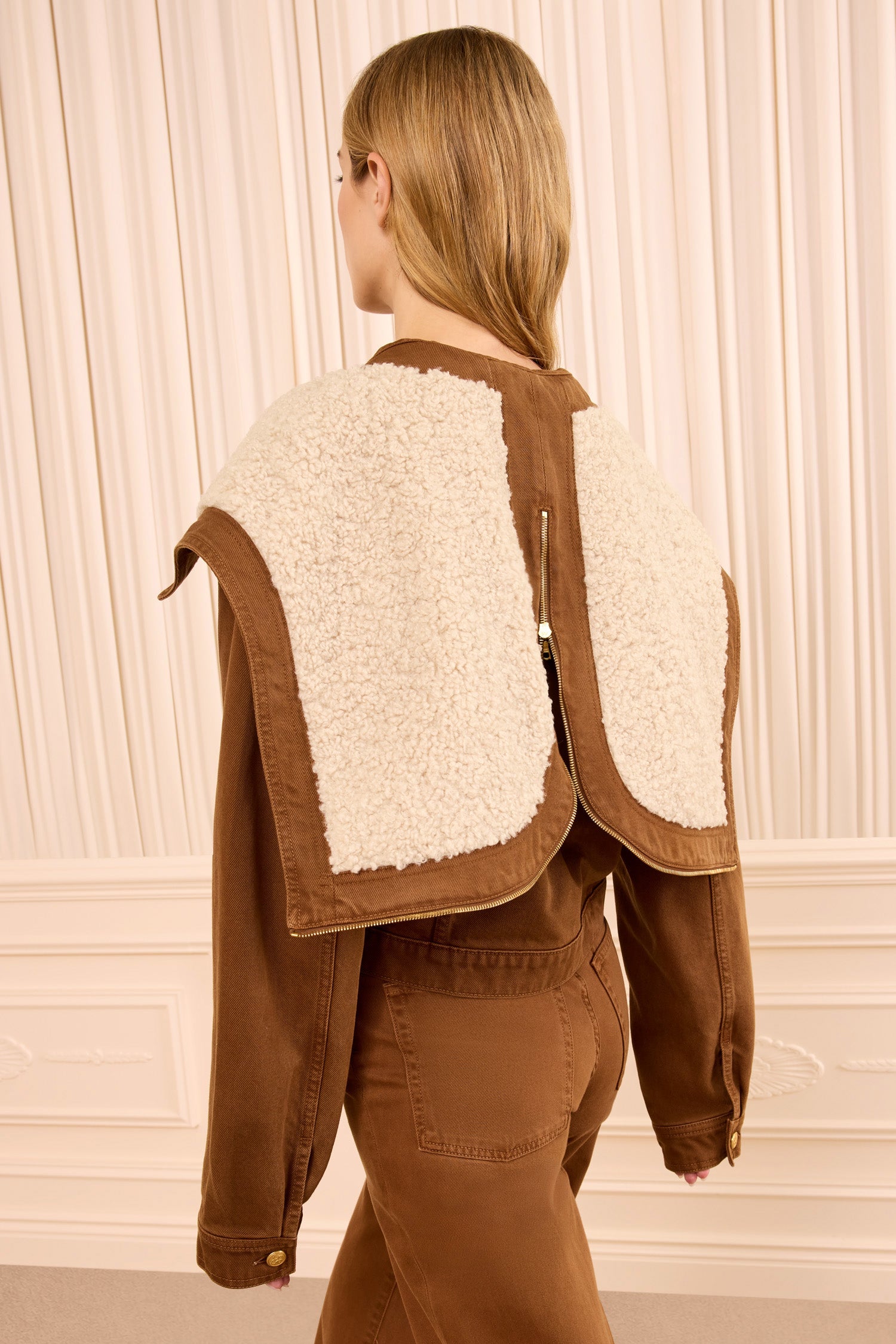 Ulla Johnson Umber Designer Denim Jacket Fleece Hood and Gold Zipper - On Model Back View | Ulla Johnson