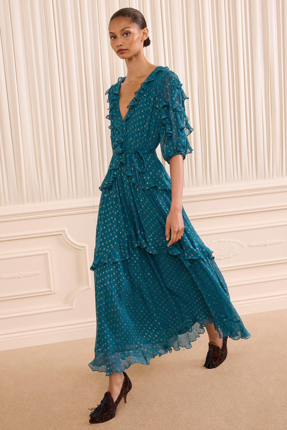 Beryl Silk Chiffon Ruffle Dress - Three-Quarter View On Model | Ulla Johnson