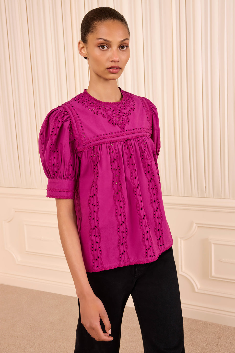 Orchid Cotton Poplin Eyelet Puff Sleeve Top - Front View On Model | Ulla Johnson