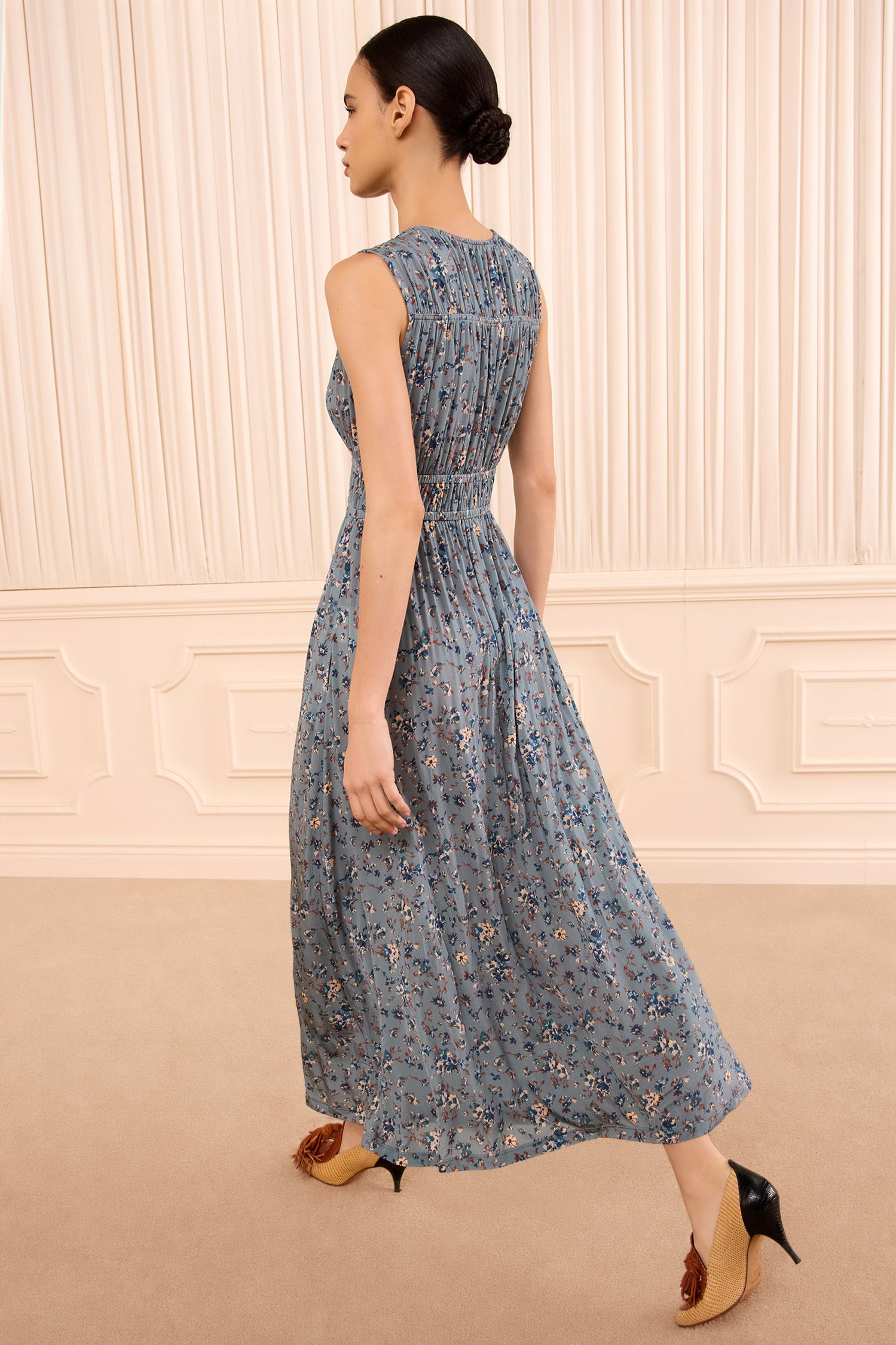 Ulla Johnson Blue-Grey Floral Jersey Midi Dress, Gathered Waist Sleeveless - Back View | Ulla Johnson