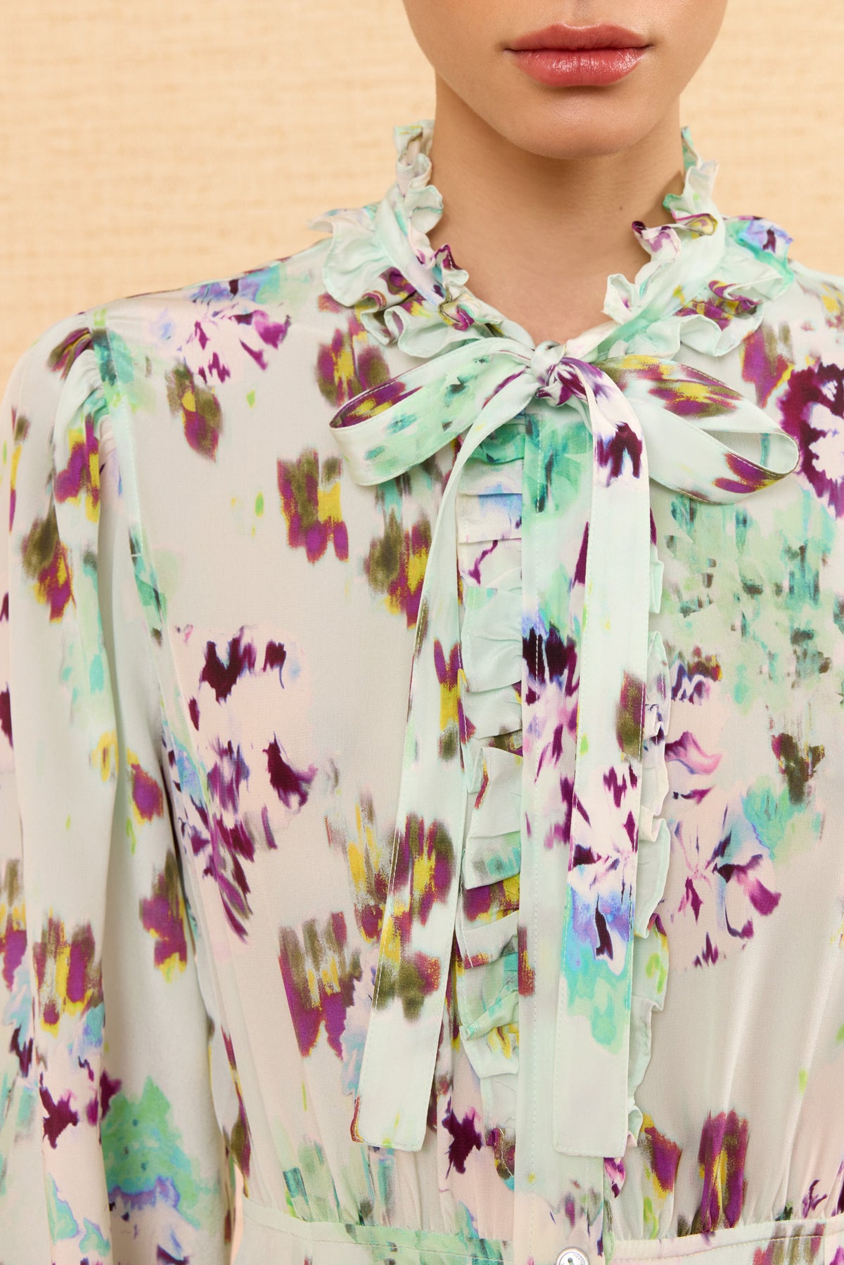 Viola Silk Mini Dress Oasis - Ruffle Neck & Bow Tie Detail | Ulla Johnson