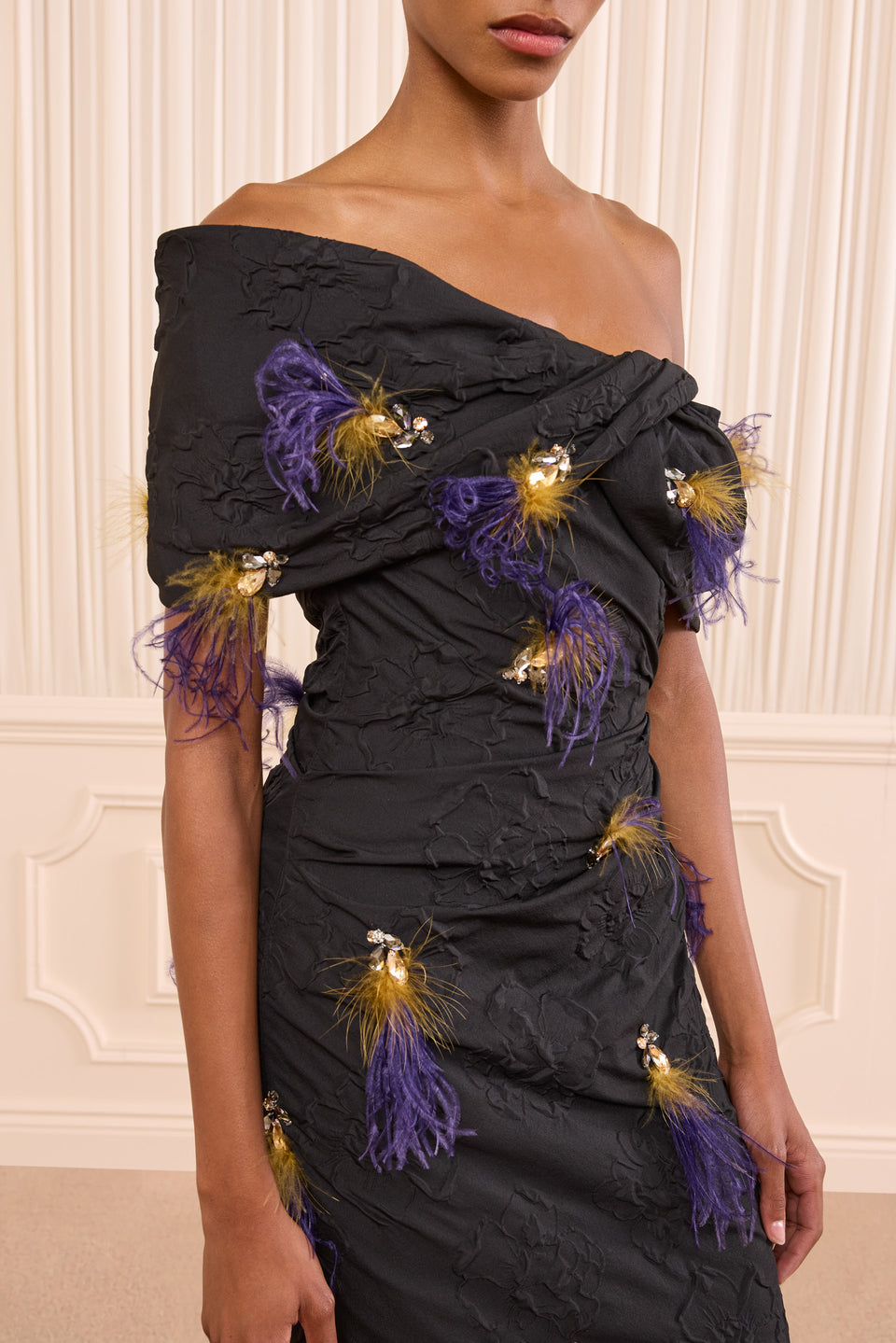 Noir Designer Off-Shoulder Dress with Hand-Applied Crystal and Feather Detail - Close-Up | Ulla Johnson