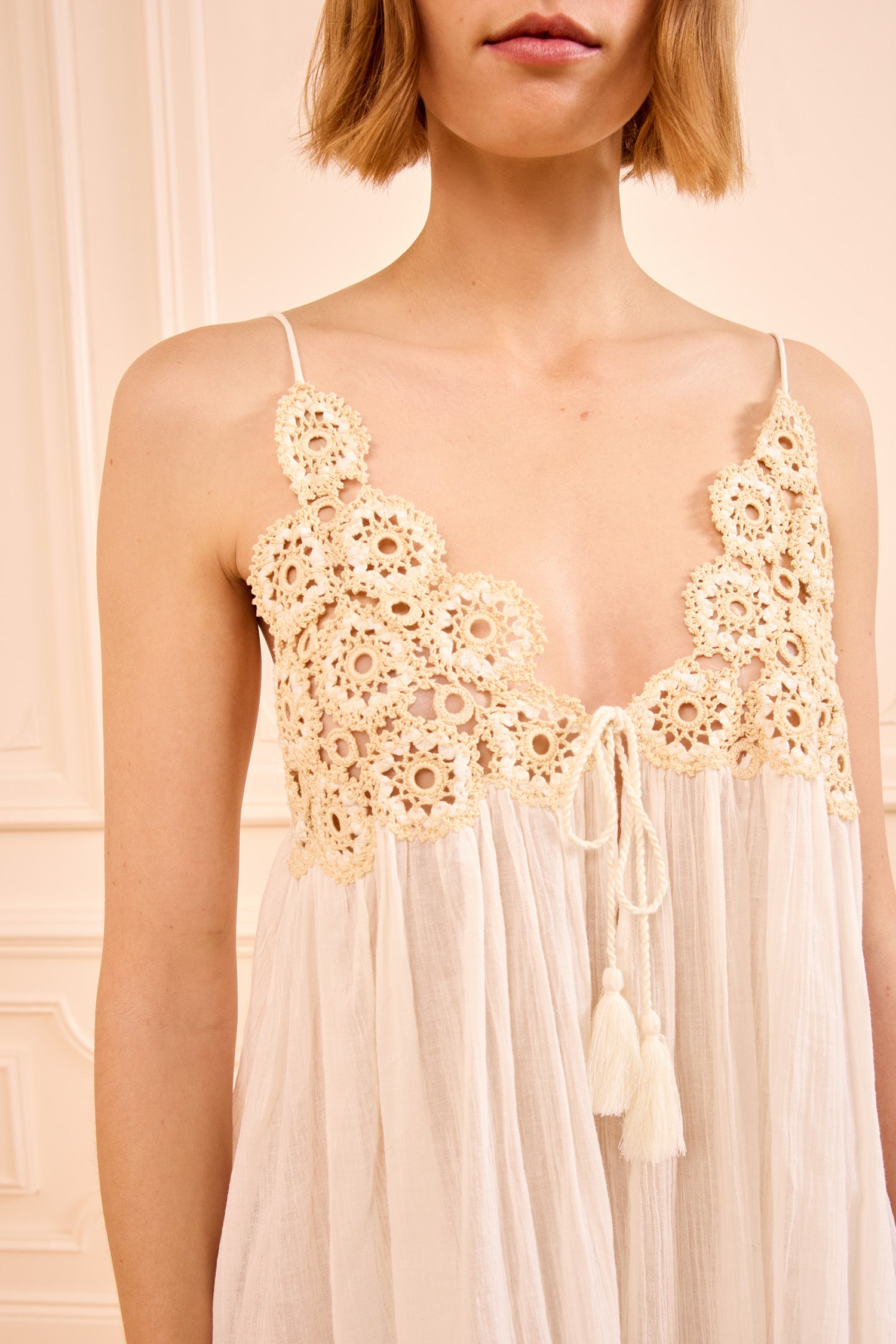 Ulla Johnson Zadie Coverup Dress - Hand-Crocheted Floral Bodice & Tassel Tie Close-Up | Ulla Johnson
