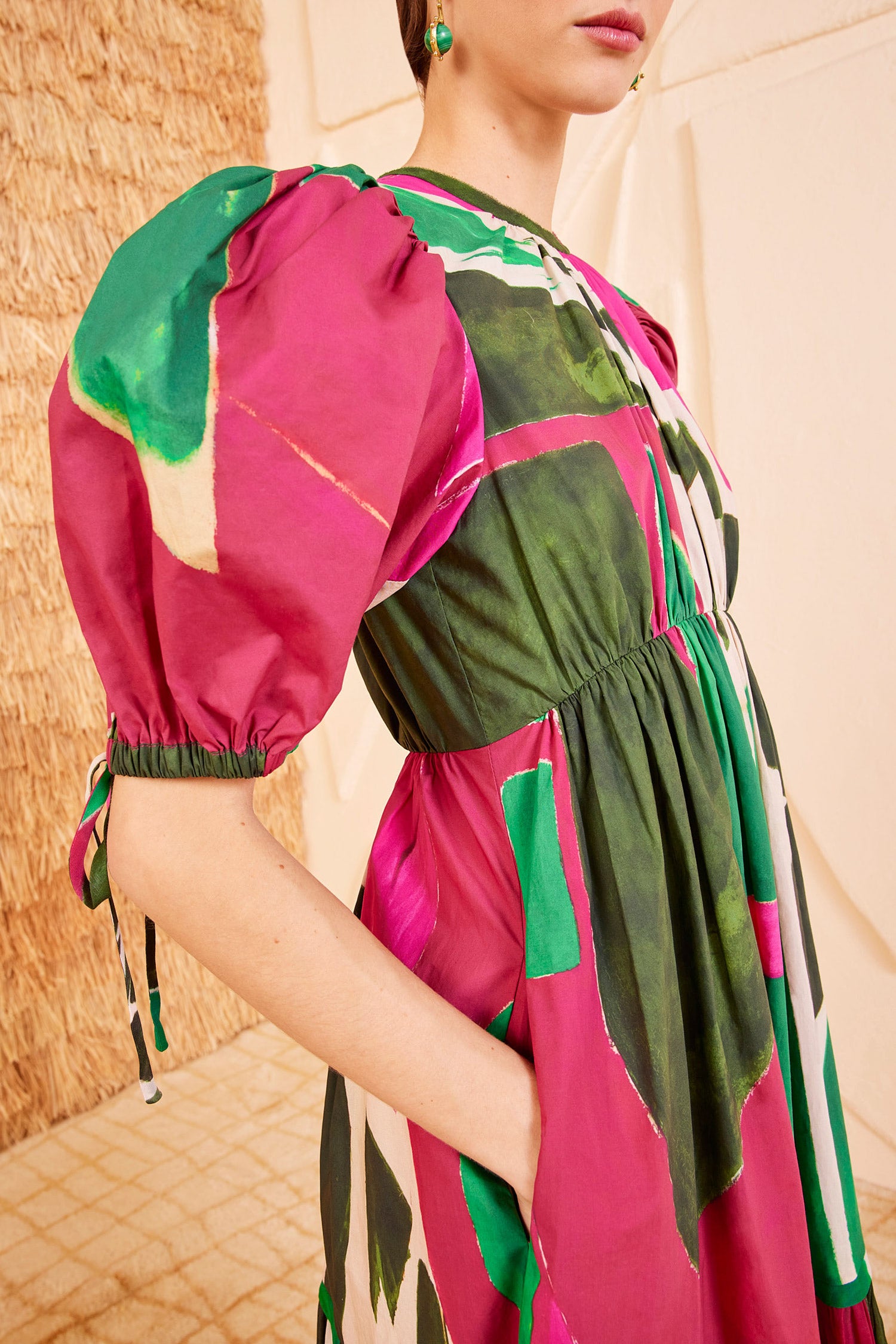 Ulla Johnson Palingenesis Print Dress Puff Sleeve & Gathered Waist Detail - Close-Up | Ulla Johnson