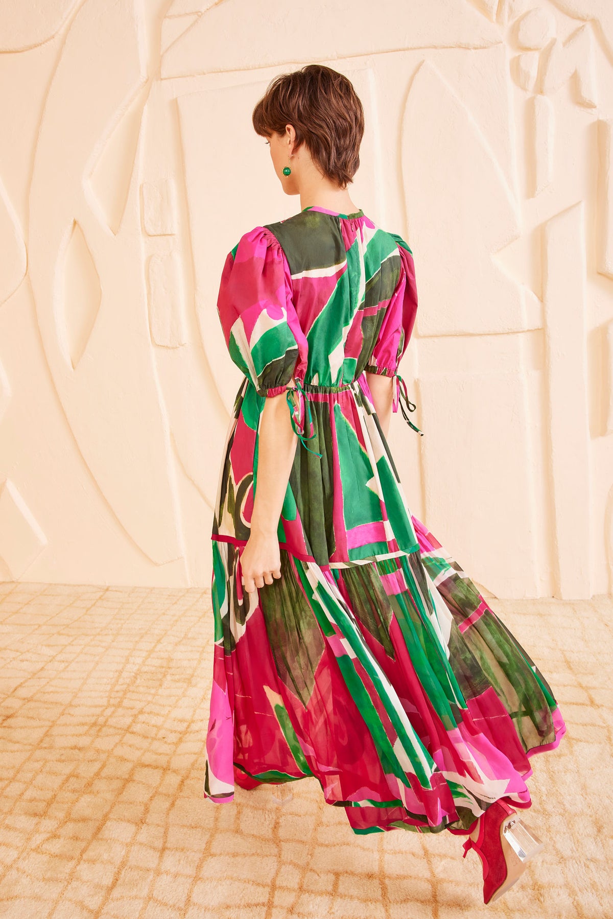 Palingenesis Abstract Print Designer Maxi Dress - Back View, Tiered Silk Georgette Hem | Ulla Johnson