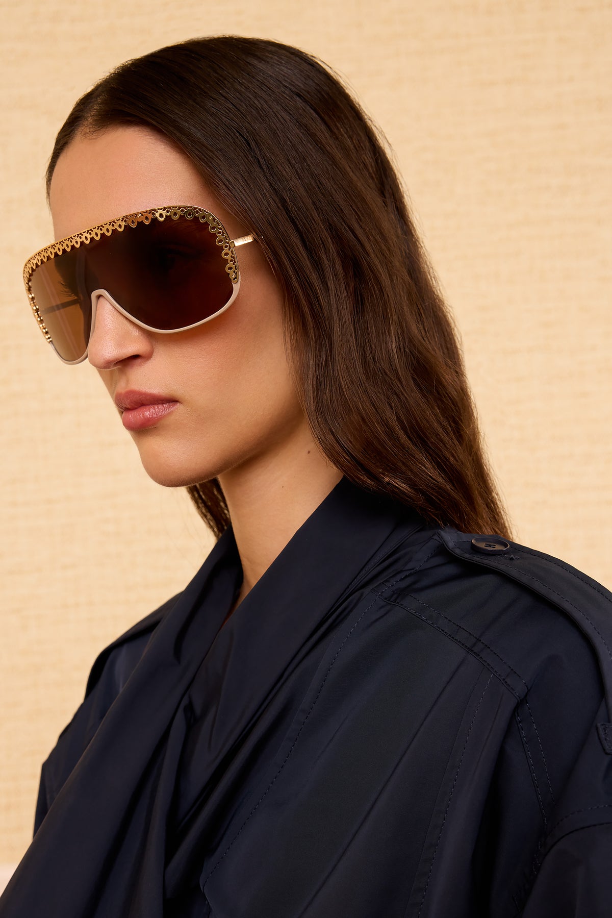 Lucien Fawn Luxury Designer Shield Sunglasses Gold Filigree Frame - On Model Side Profile | Ulla Johnson