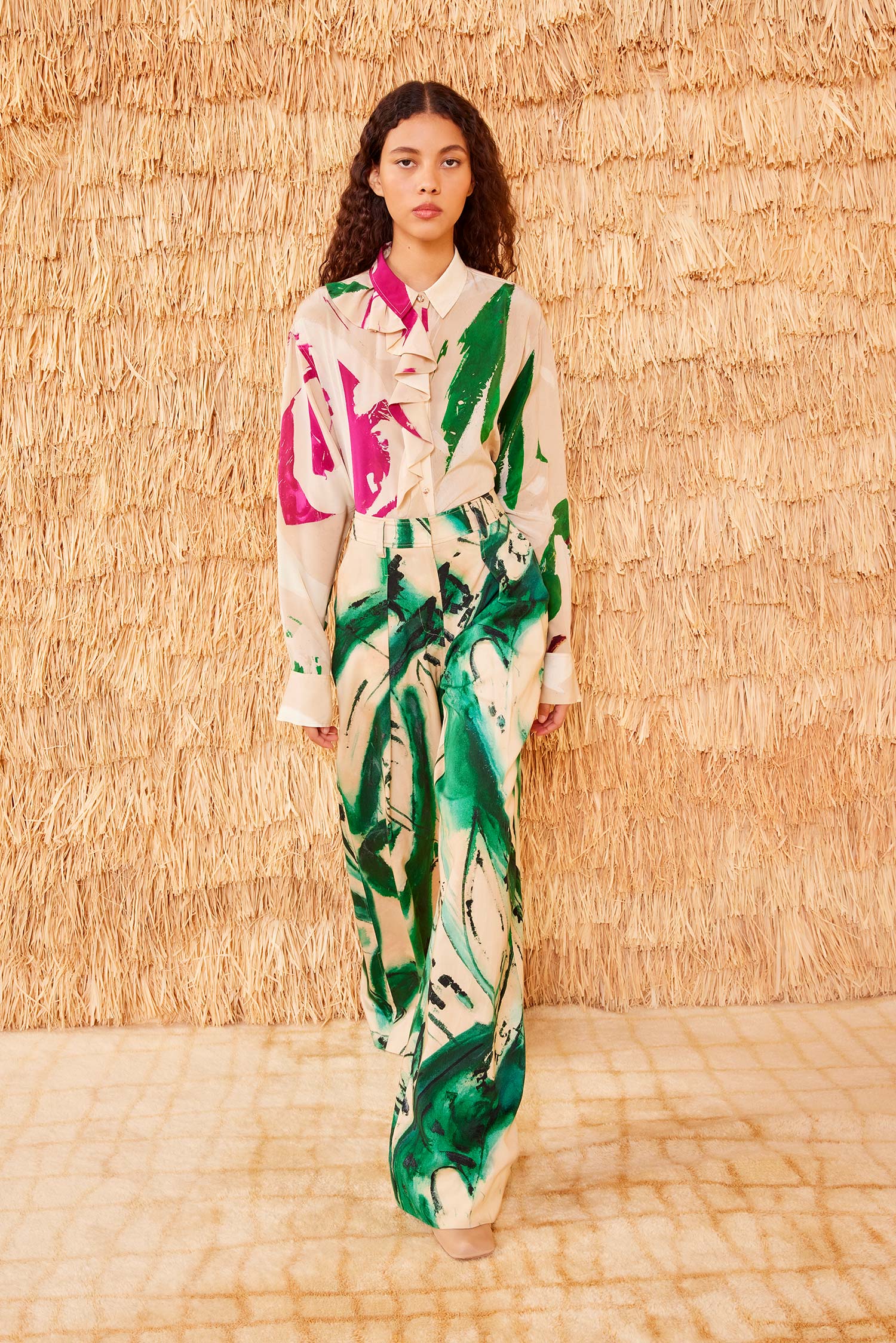 Ulla Johnson Portrait In Green Designer Cotton Wide-Leg Pants - Full-Length Front View | Ulla Johnson