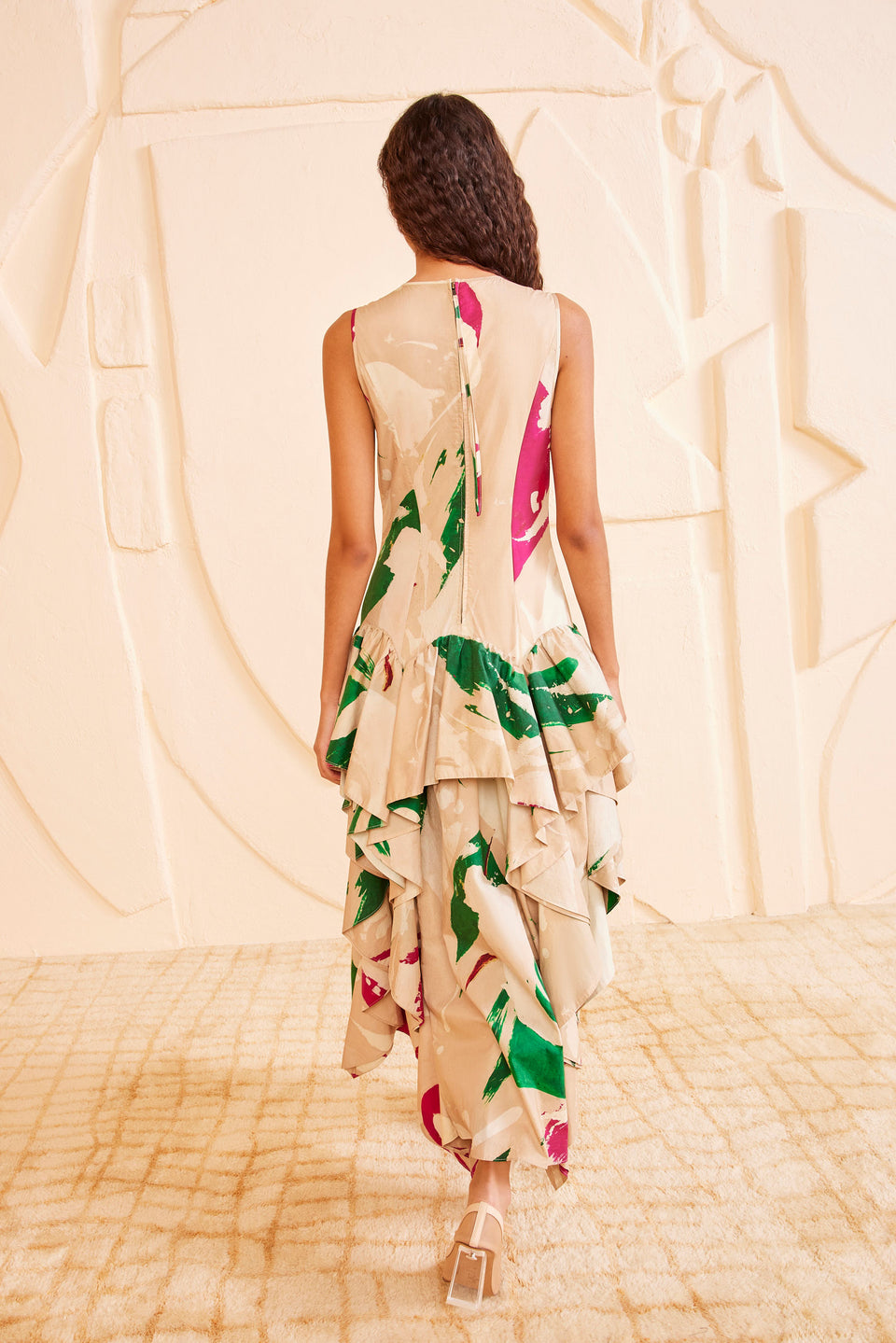 Comet Print Cotton Poplin Maxi Dress - Back View, Zip Closure and Cascading Ruffles | Ulla Johnson