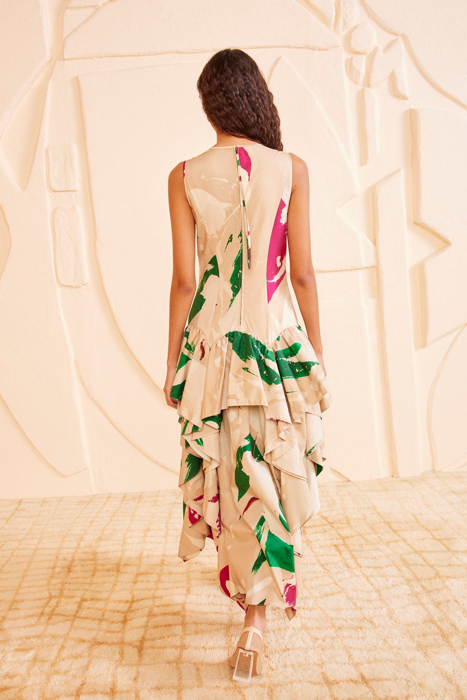 Ulla Johnson Comet Print Cotton Poplin Maxi Dress - Back View, Zip Closure and Cascading Ruffles | Ulla Johnson
