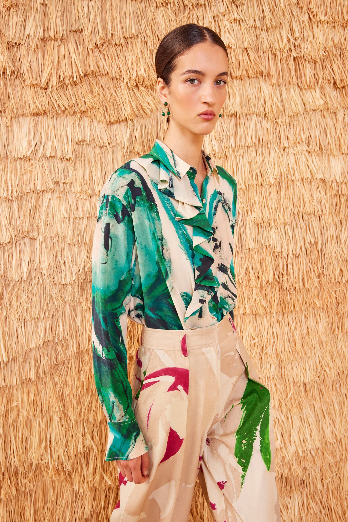 Luxury Green Print Silk Blouse - Three-Quarter View, On Model | Ulla Johnson