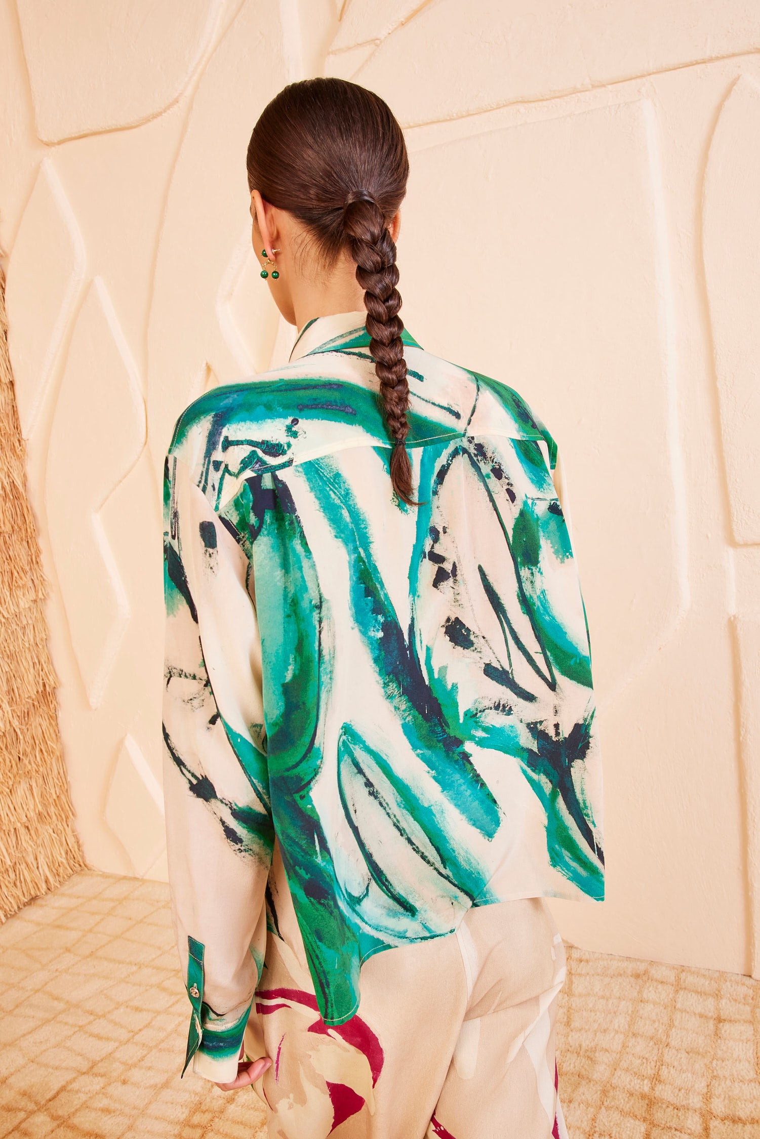 Ulla Johnson Designer Green Abstract Silk Print Blouse - Back View, On Model | Ulla Johnson