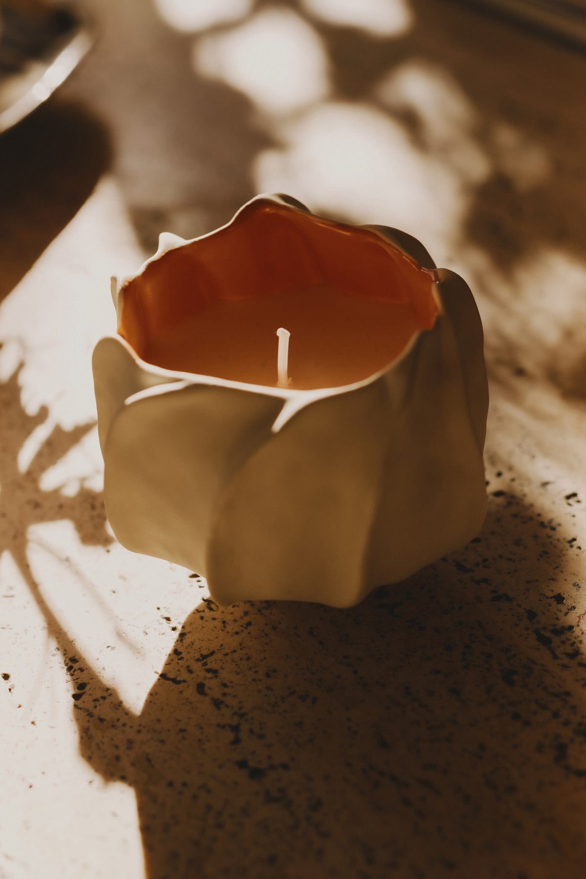 Ivory Ceramic Cowrie Candle in Warm Golden Light - Lifestyle Detail | Ulla Johnson