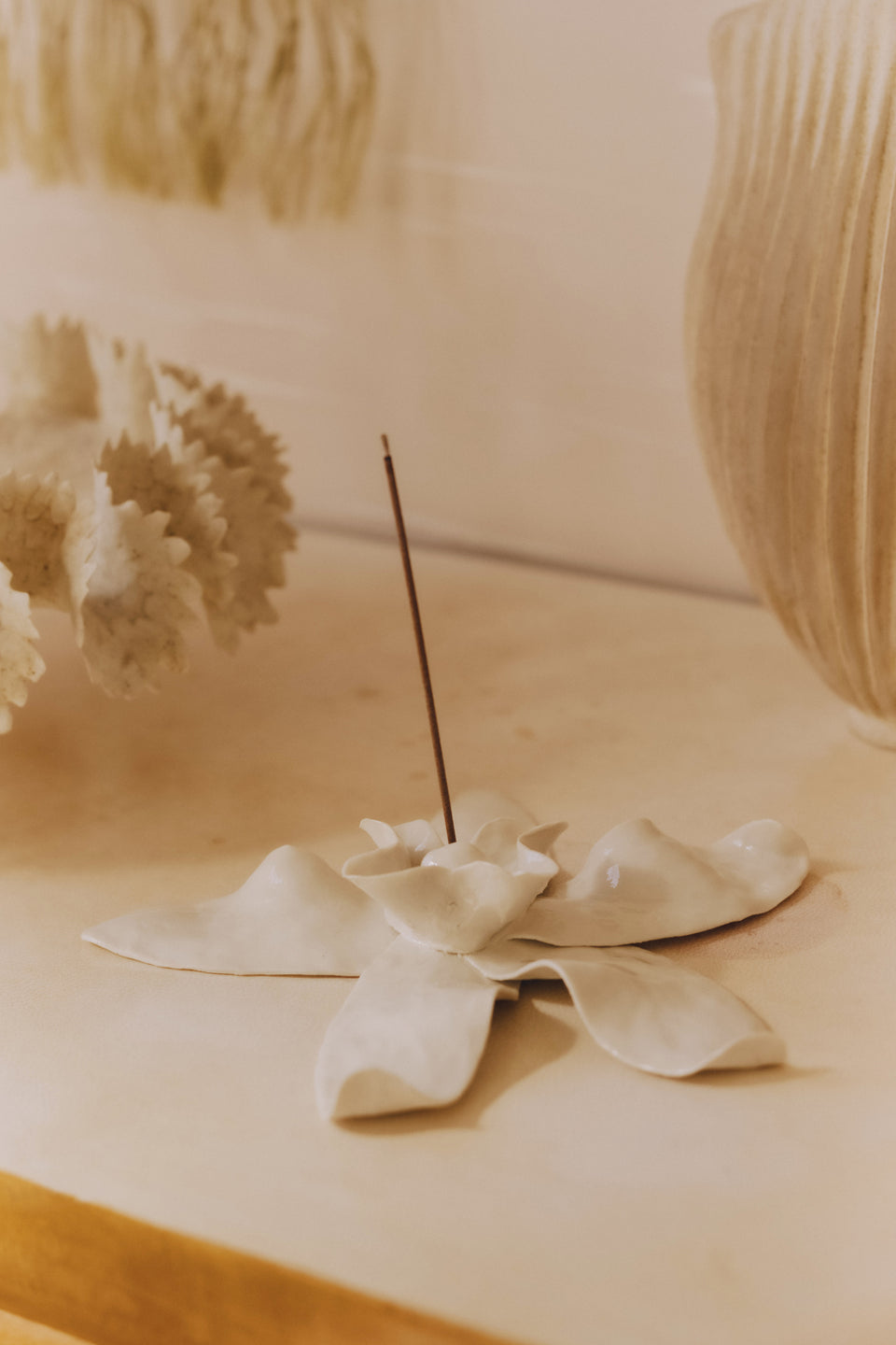 Ivory Glazed Porcelain Incense Holder, Hand-Formed Gestural Petals - Top View | Ulla Johnson