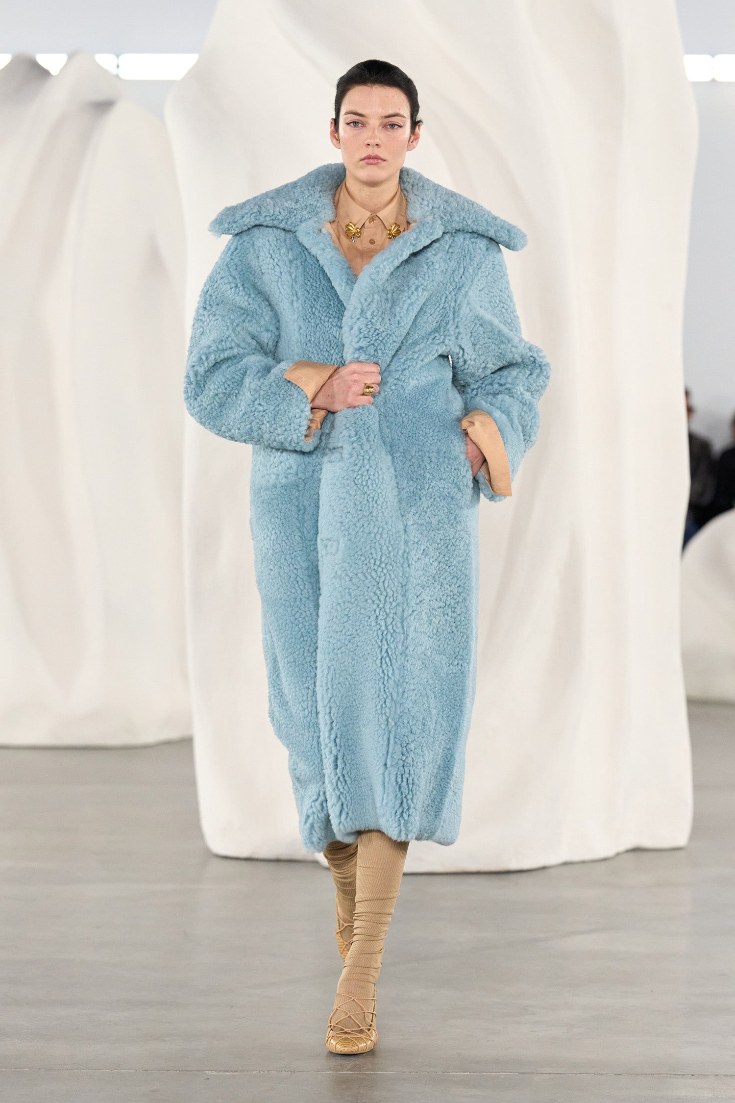 Ulla Johnson Turquoise Shearling Oversized Coat - AW26 Runway Look, On Model Walking | Ulla Johnson