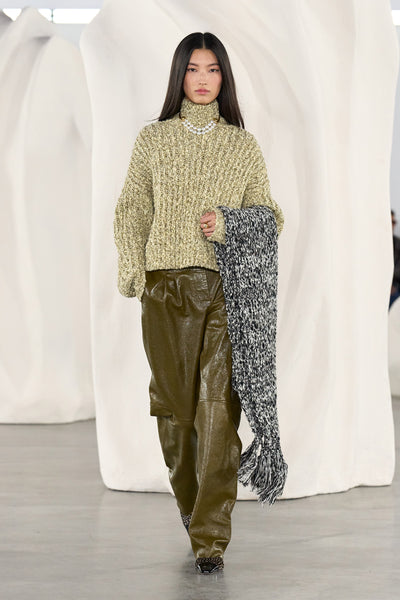 AW26 Runway Look 2 - Carlyle Spotted Mule Styled with Knit Sweater & Patent Trousers | Ulla Johnson
