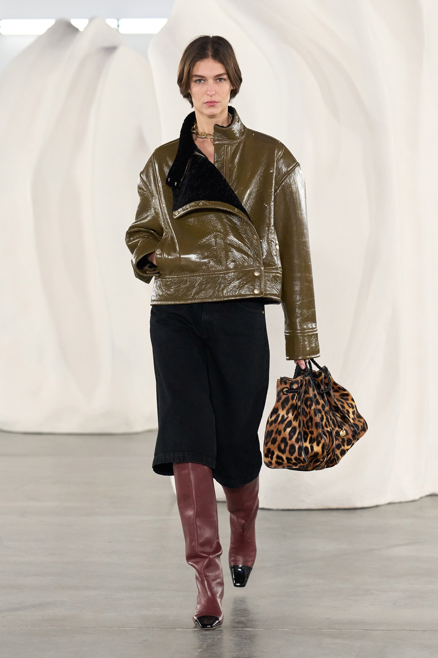 Ulla Johnson Rowan Noir Denim Culotte - AW26 Runway Look 9, Styled with Olive Leather Jacket | Ulla Johnson