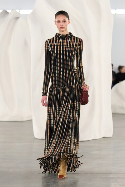 Bisque Luxury Calfskin Knee High Boot on Runway - AW26 Look 21, Styled with Fringe Maxi Dress | Ulla Johnson