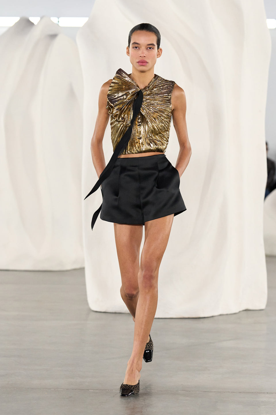 Noir Satin Mini Shorts on AW26 Runway, Look 22 - Full Length Walking | Ulla Johnson