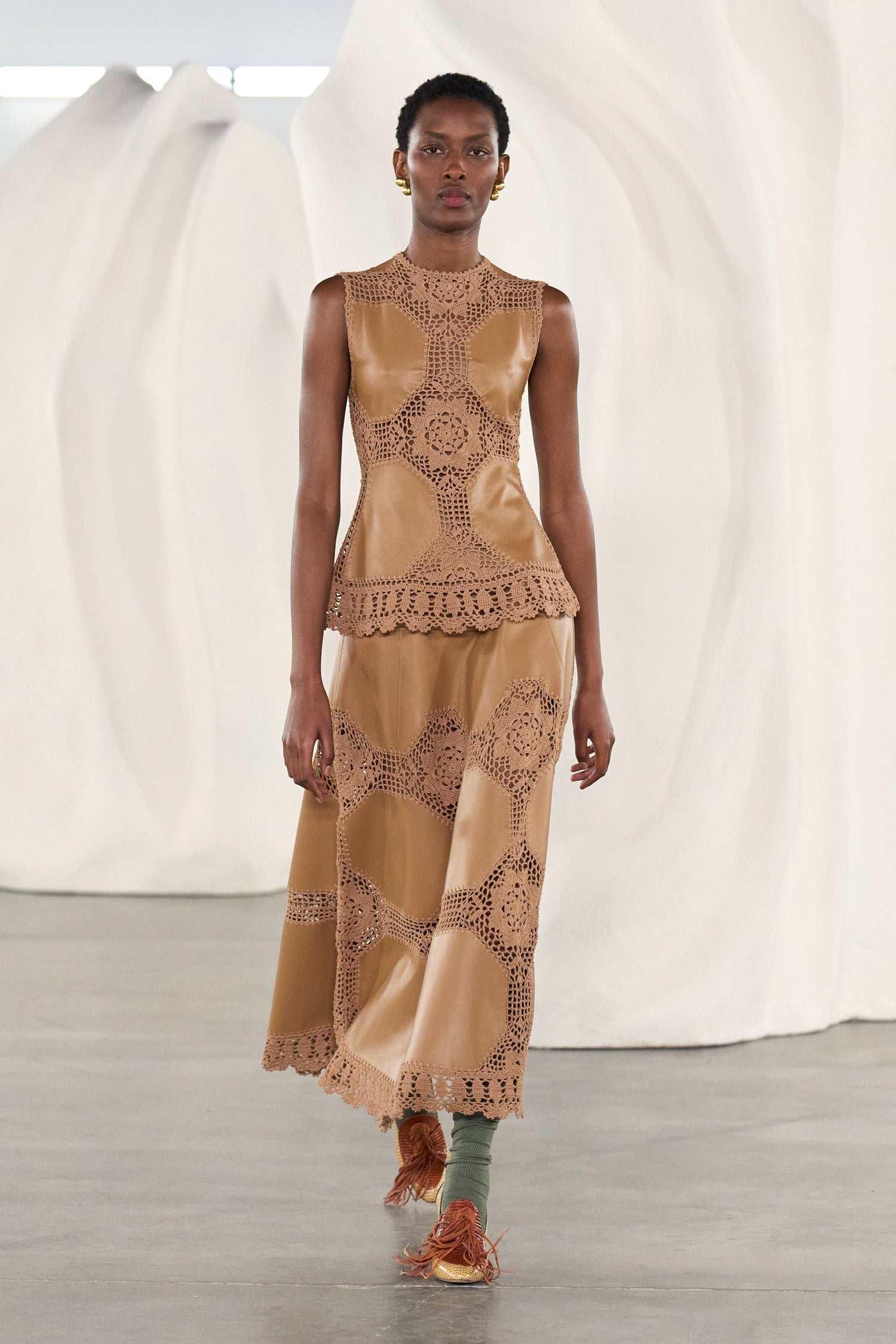 Ulla Johnson Camel Leather Crochet Skirt - AW26 Runway Look 26, Matching Set | Ulla Johnson