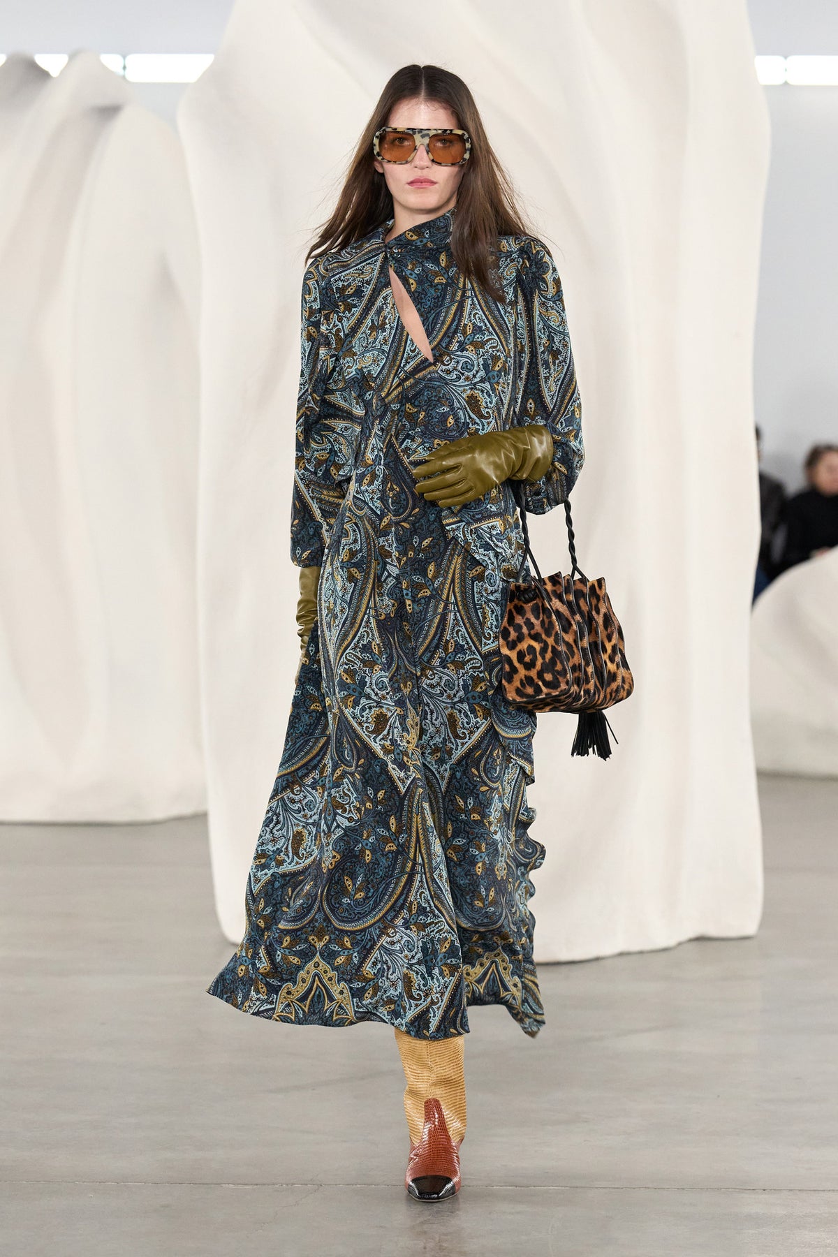 Sabrina Prussian Silk Dress - AW26 Runway Look 32, Styled with Leather Gloves | Ulla Johnson