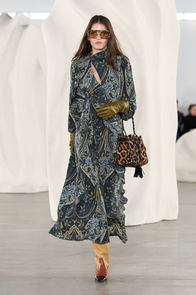 Sabrina Prussian Silk Dress - AW26 Runway Look 32, Styled with Leather Gloves | Ulla Johnson