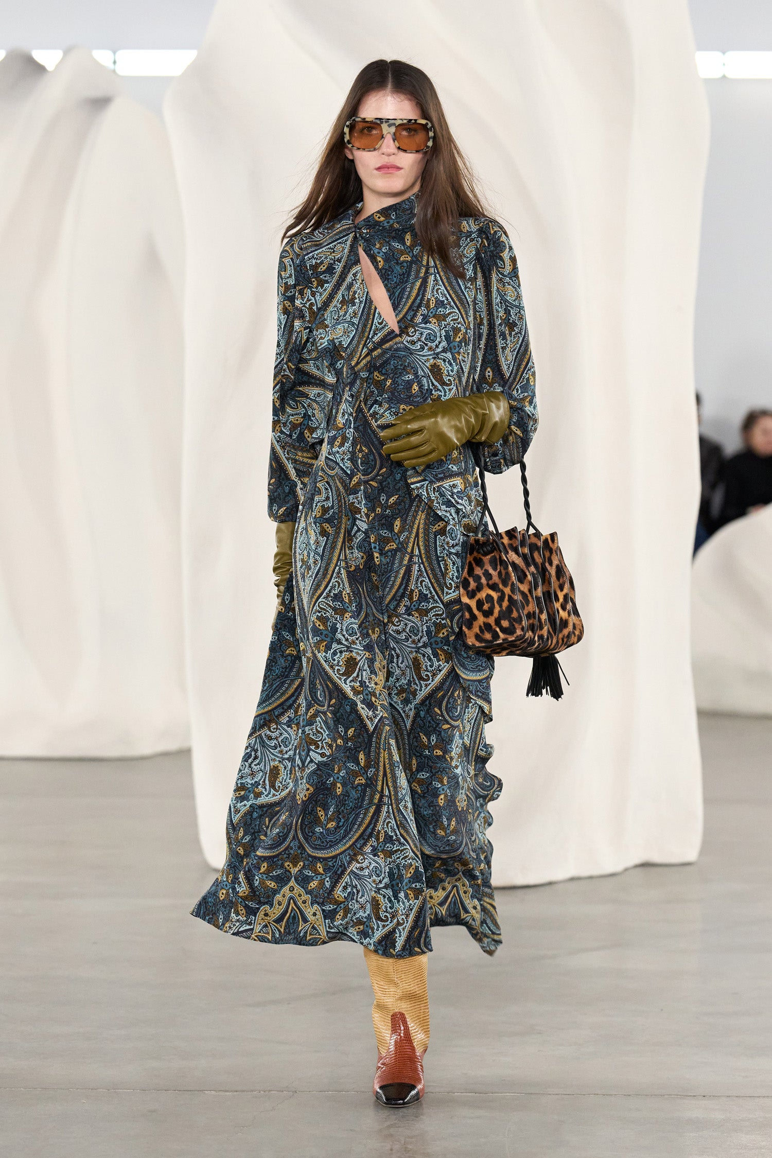 Ulla Johnson Sabrina Prussian Silk Dress - AW26 Runway Look 32, Styled with Leather Gloves | Ulla Johnson