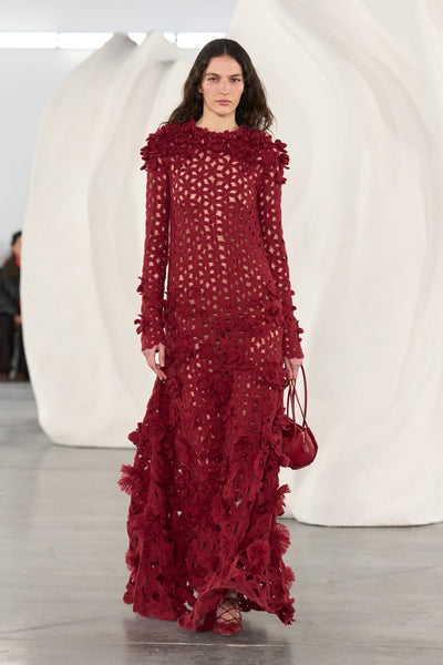 AW26 Runway Look 43 - Claret Charlotte Camera Bag with Hand-Crocheted Floor-Length Gown | Ulla Johnson