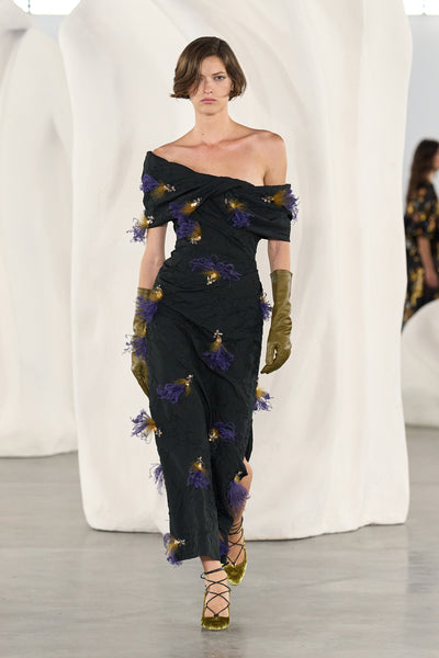 Noir Off-Shoulder Embellished Midi Dress, AW26 Runway Look 55 with Olive Gloves - Runway | Ulla Johnson