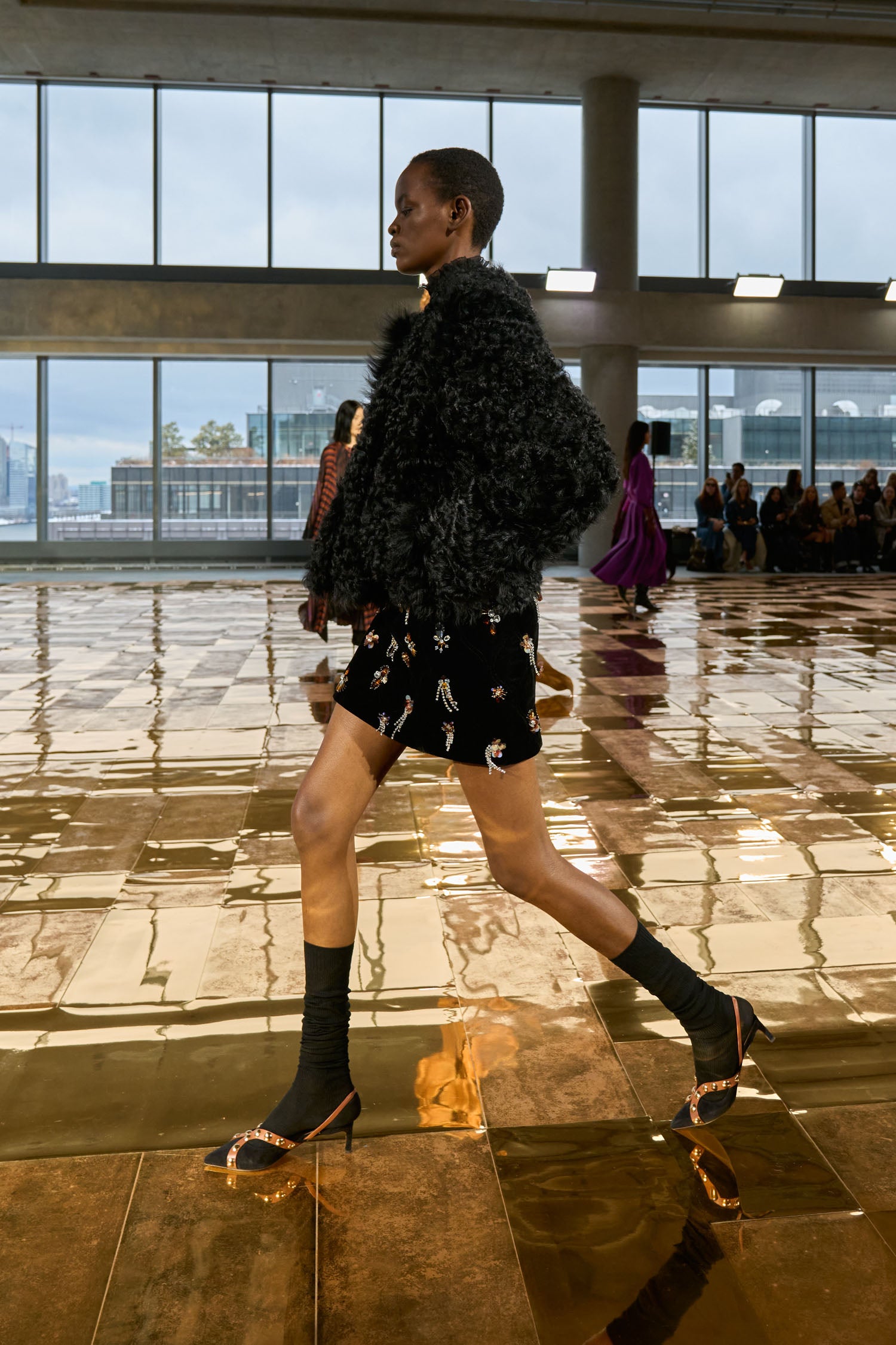 Ulla Johnson Black Curly Shearling Short Coat - AW25 Runway Look 40 Side Walking | Ulla Johnson
